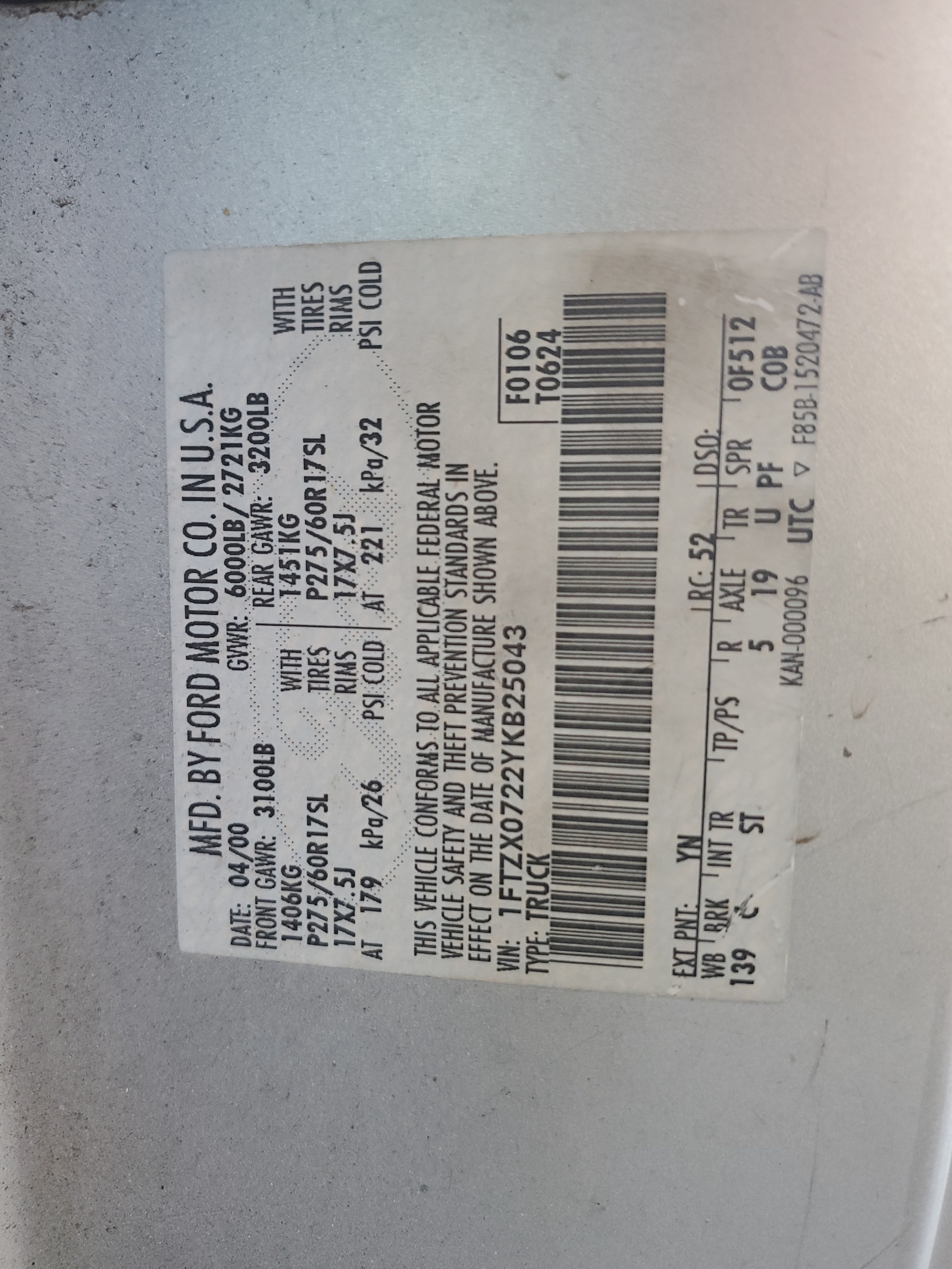 1FTZX0722YKB25043 2000 Ford F150