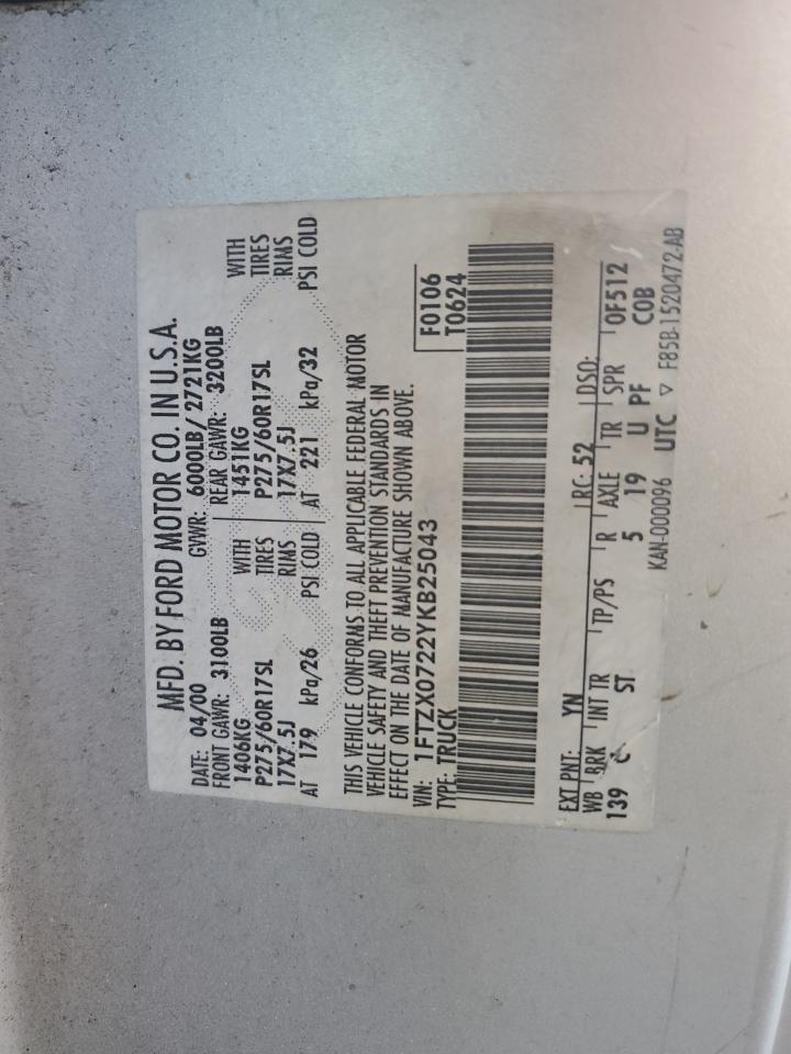 2000 Ford F150 VIN: 1FTZX0722YKB25043 Lot: 65842474
