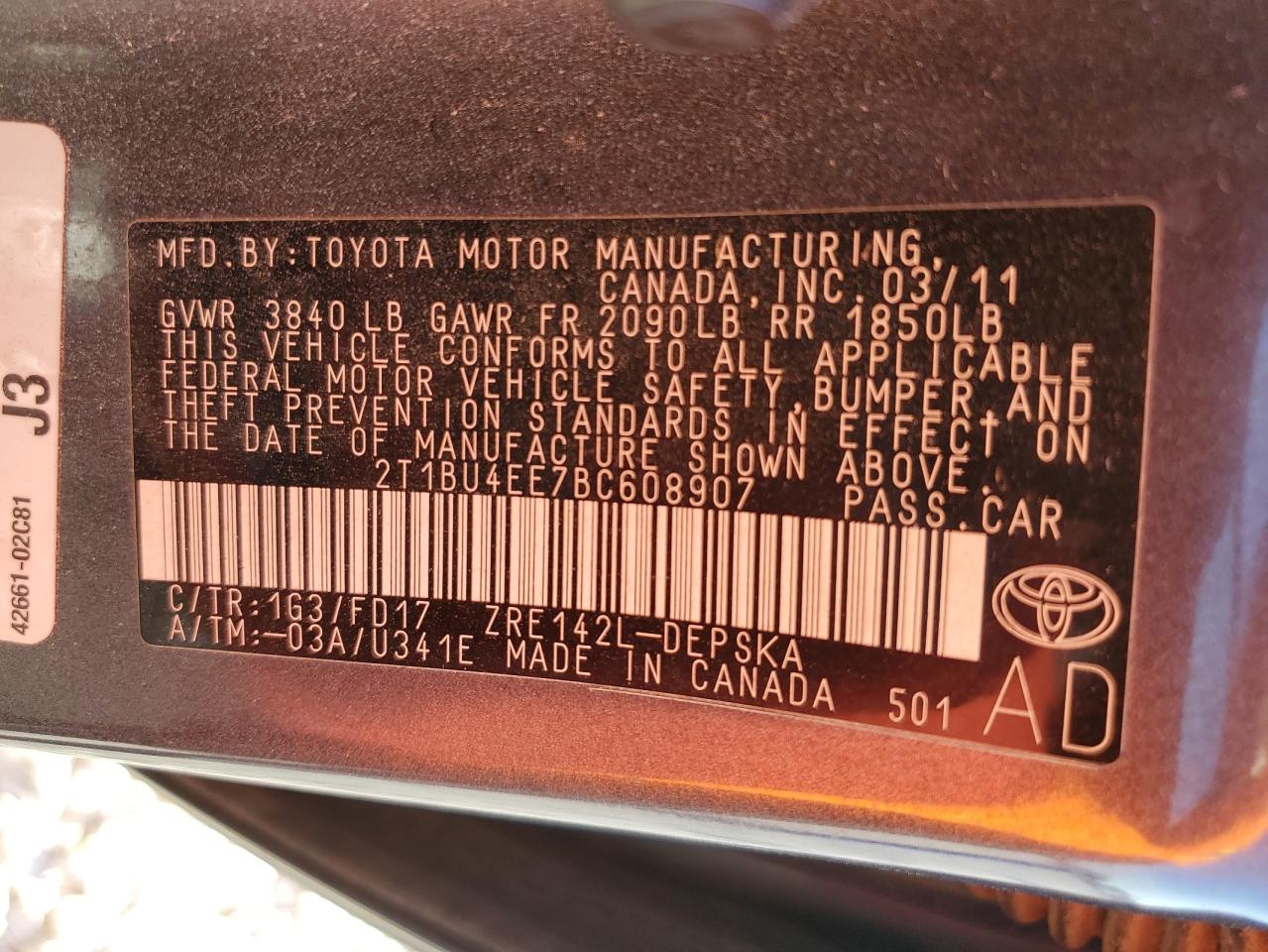 2011 Toyota Corolla Base VIN: 2T1BU4EE7BC608907 Lot: 68033614