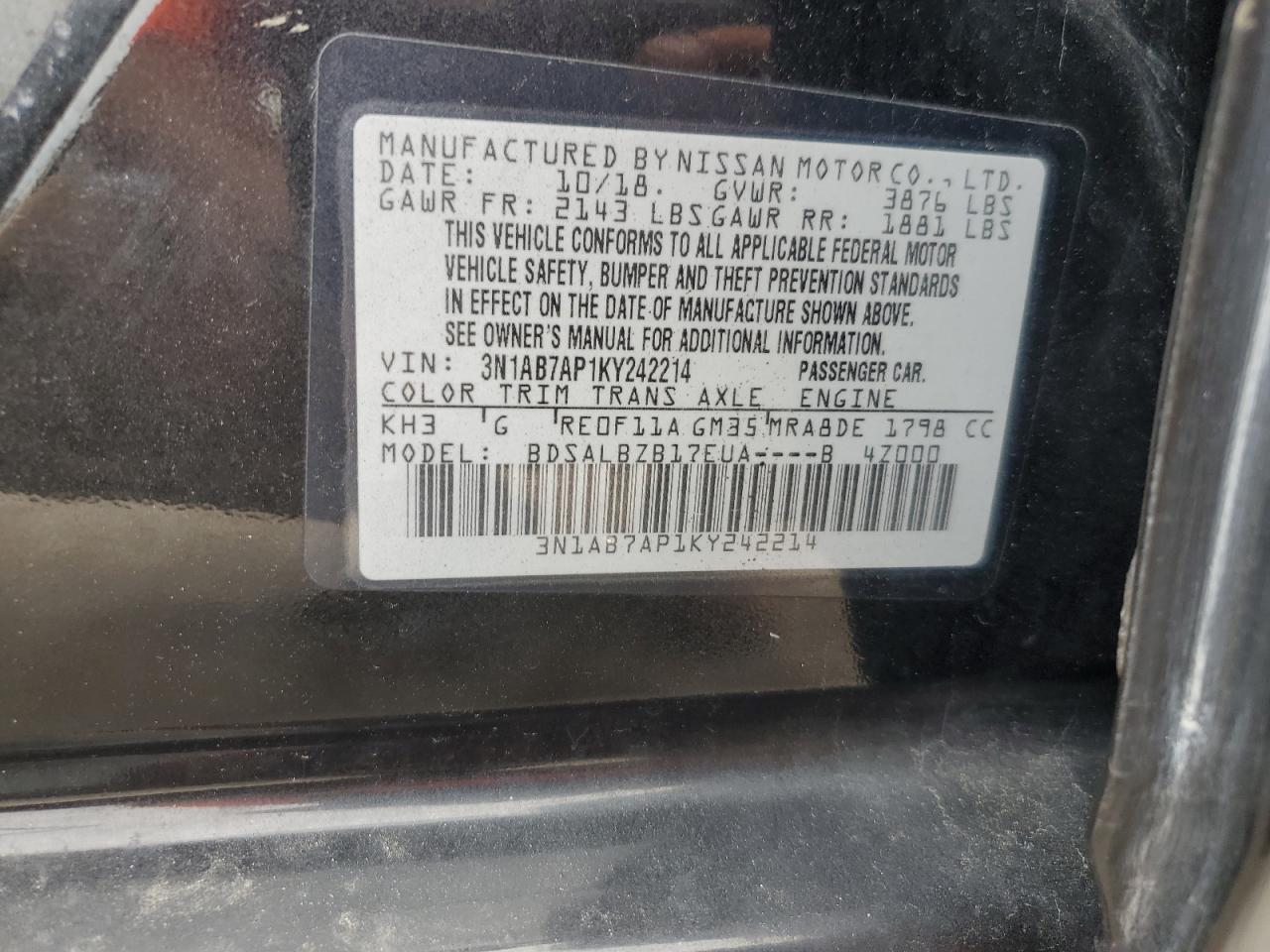 3N1AB7AP1KY242214 2019 Nissan Sentra S