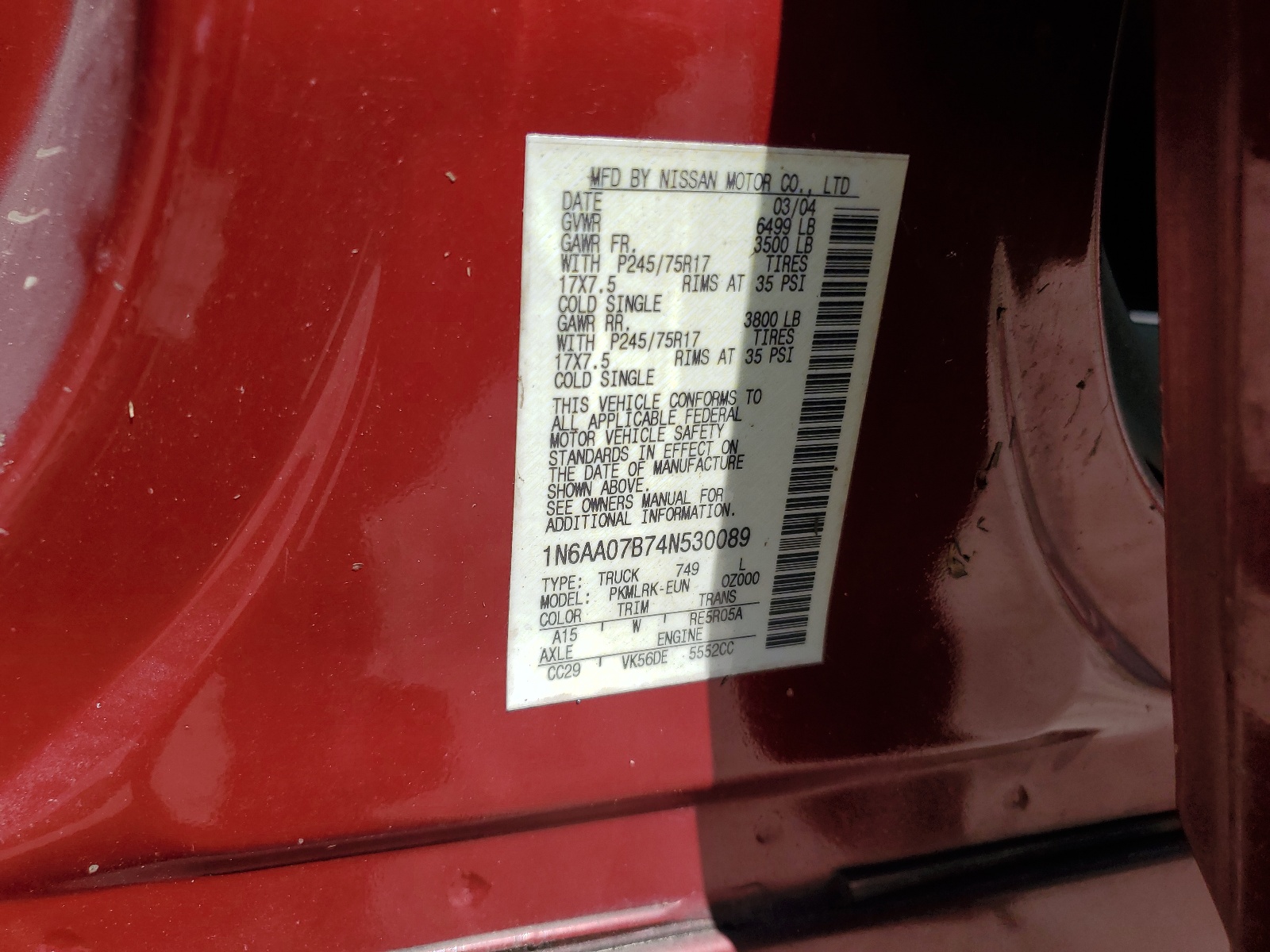 1N6AA07B74N530089 2004 Nissan Titan Xe