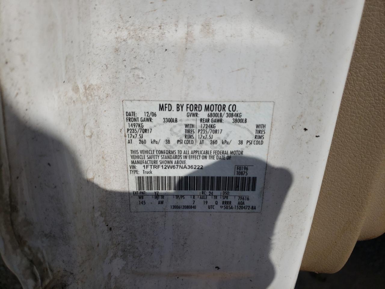 2007 Ford F150 VIN: 1FTRF12W67NA36222 Lot: 65774544