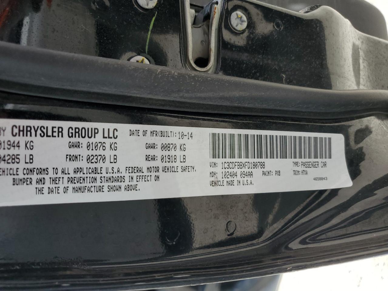 2015 Dodge Dart Sxt VIN: 1C3CDFBBXFD180788 Lot: 67602224