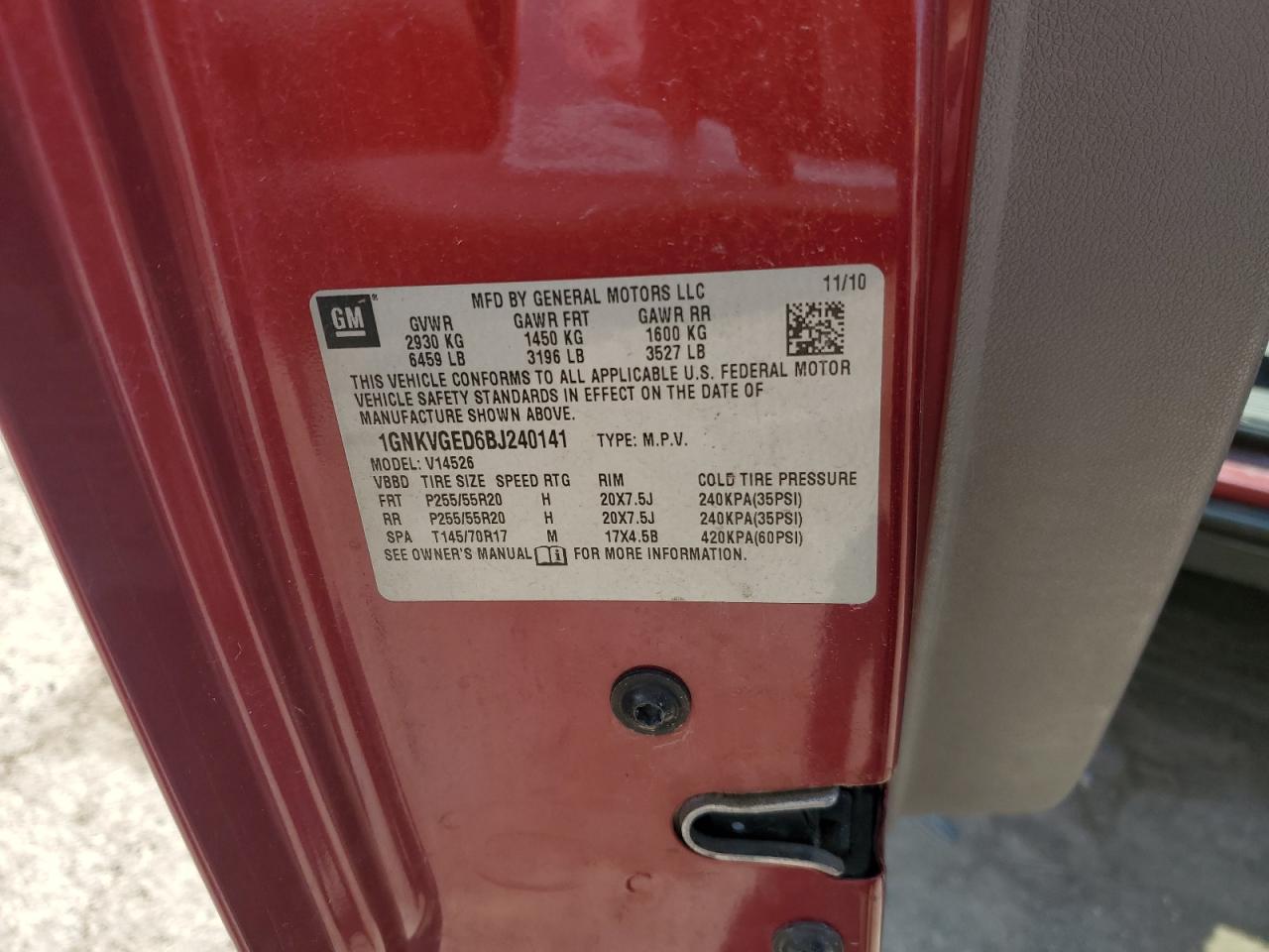 2011 Chevrolet Traverse Lt VIN: 1GNKVGED6BJ240141 Lot: 65156234