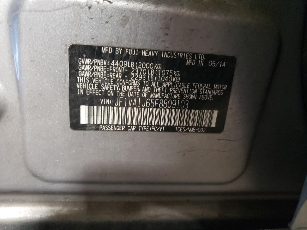 JF1VA1J65F8809103 2015 Subaru Wrx Limited