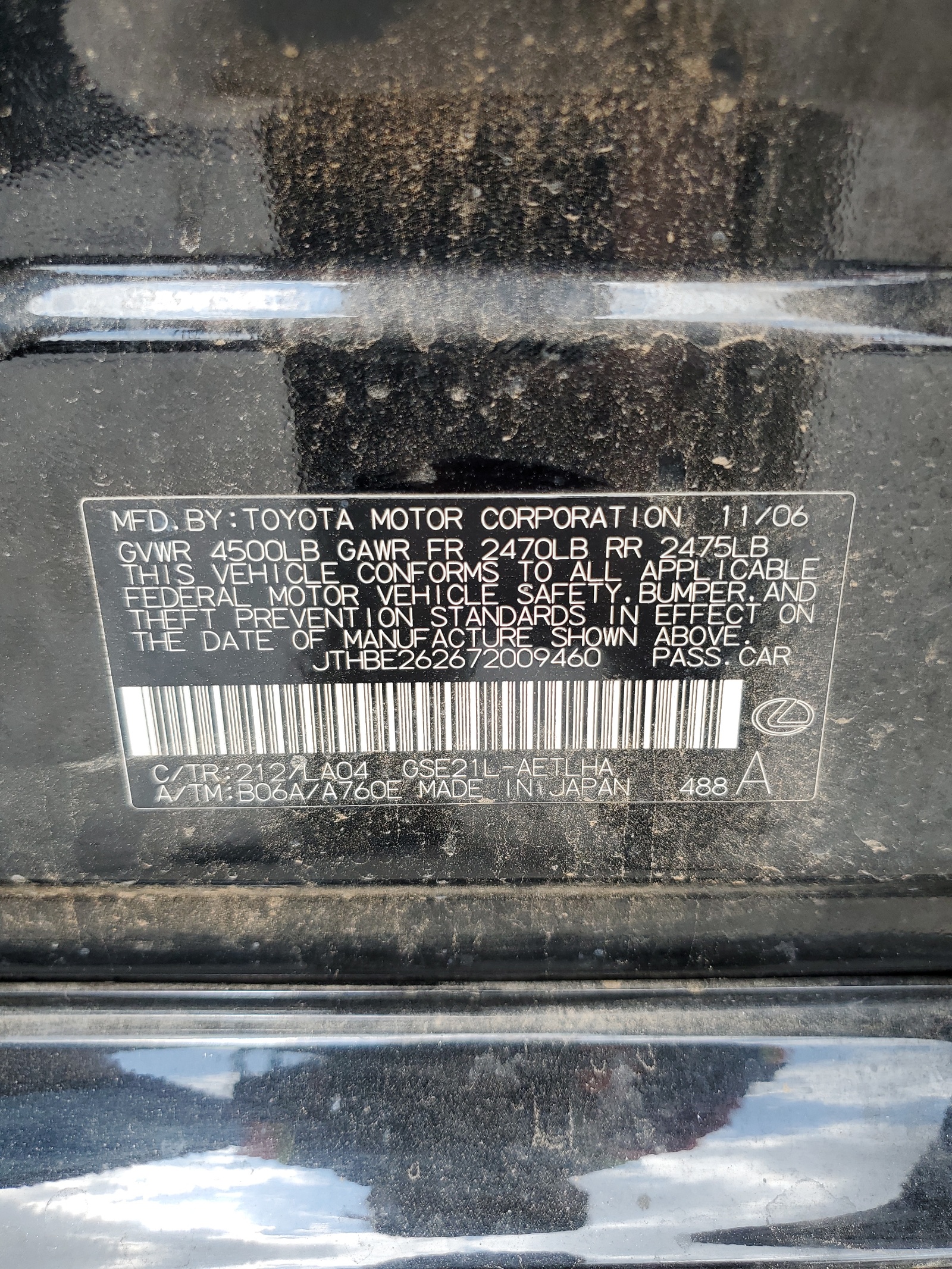 JTHBE262672009460 2007 Lexus Is 350