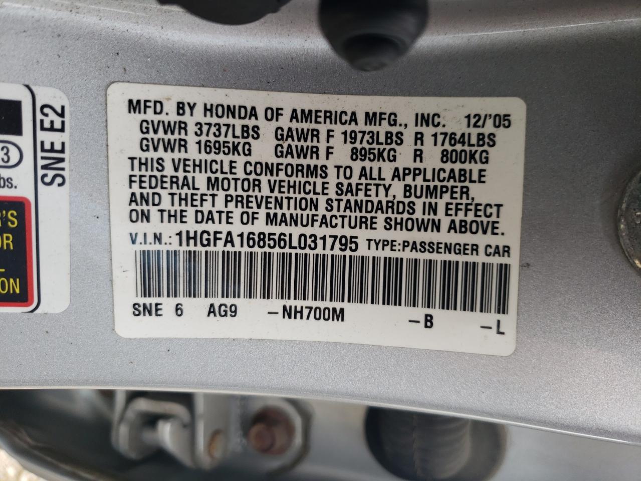1HGFA16856L031795 2006 Honda Civic Ex