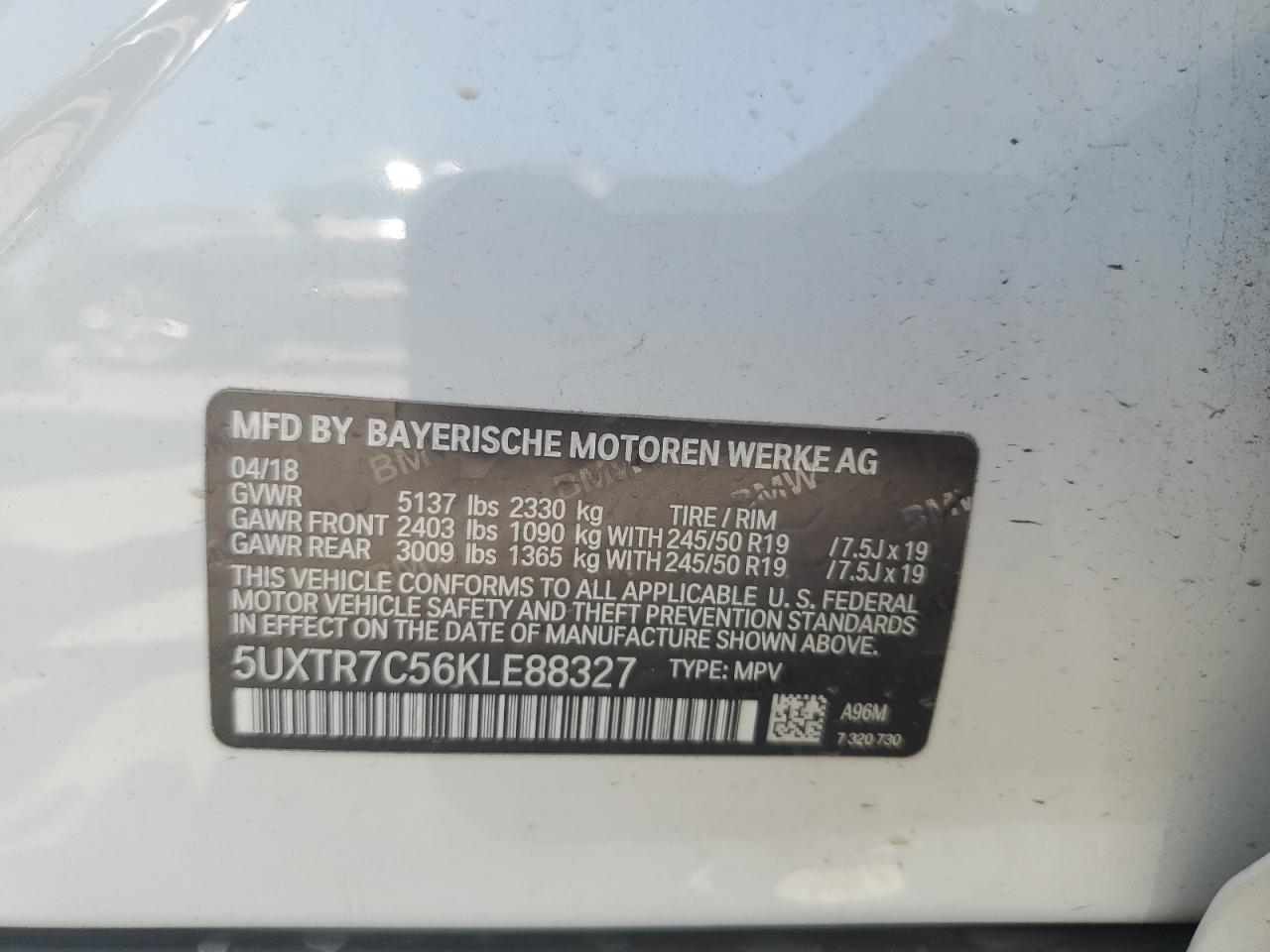 2019 BMW X3 Sdrive30I VIN: 5UXTR7C56KLE88327 Lot: 65990374