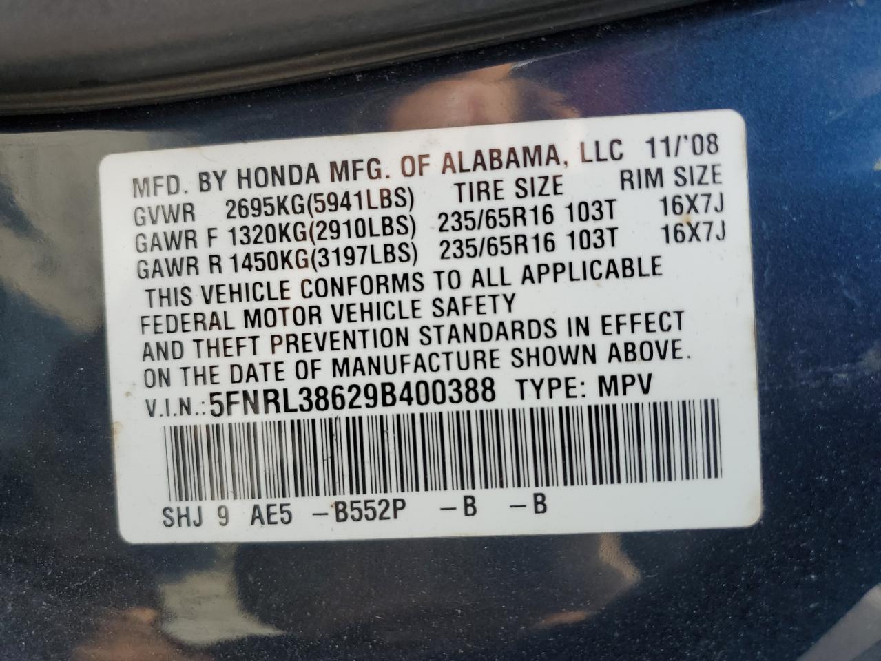 5FNRL38629B400388 2009 Honda Odyssey Exl