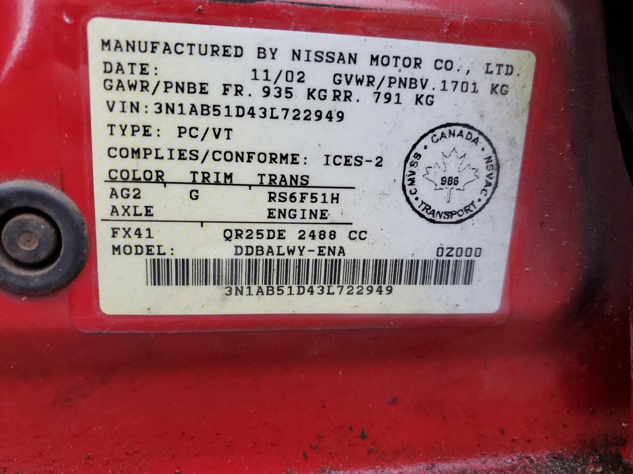 2003 Nissan Sentra Se-R Spec V VIN: 3N1AB51D43L722949 Lot: 68758584