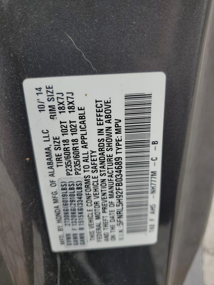 5FNRL5H92FB034689 2015 Honda Odyssey Touring