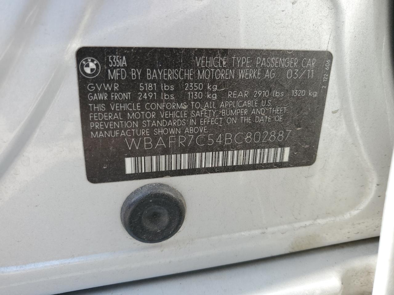 2011 BMW 535 I VIN: WBAFR7C54BC802887 Lot: 66171094