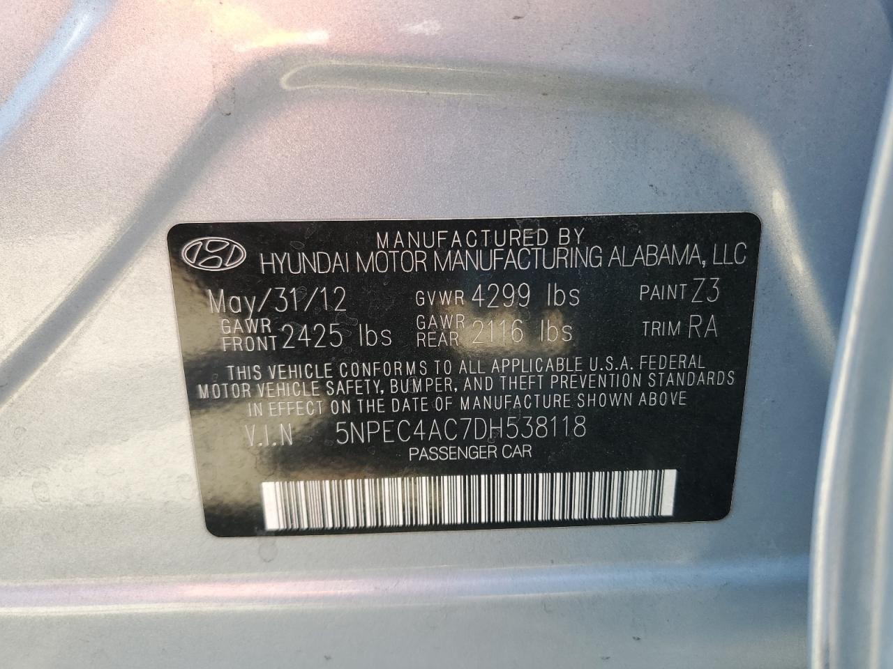 2013 Hyundai Sonata Se VIN: 5NPEC4AC7DH538118 Lot: 65990014