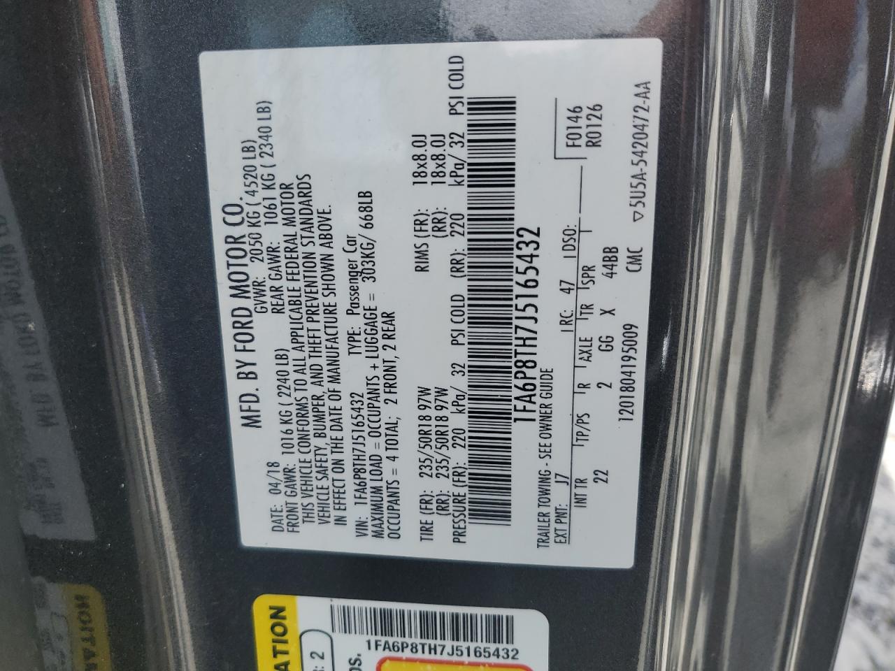 2018 Ford Mustang VIN: 1FA6P8TH7J5165432 Lot: 65615544