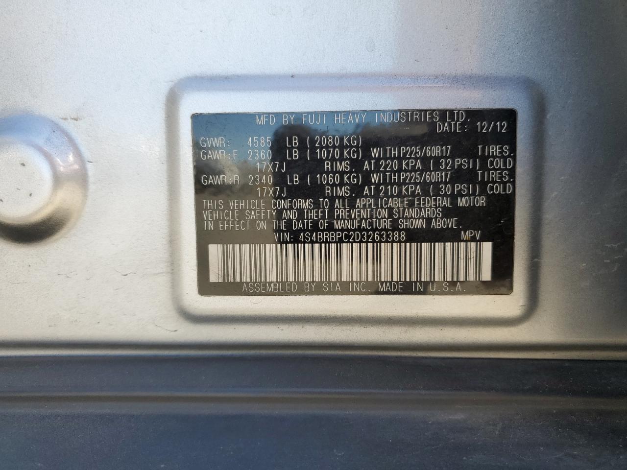 2013 Subaru Outback 2.5I Limited VIN: 4S4BRBPC2D3263388 Lot: 68380744