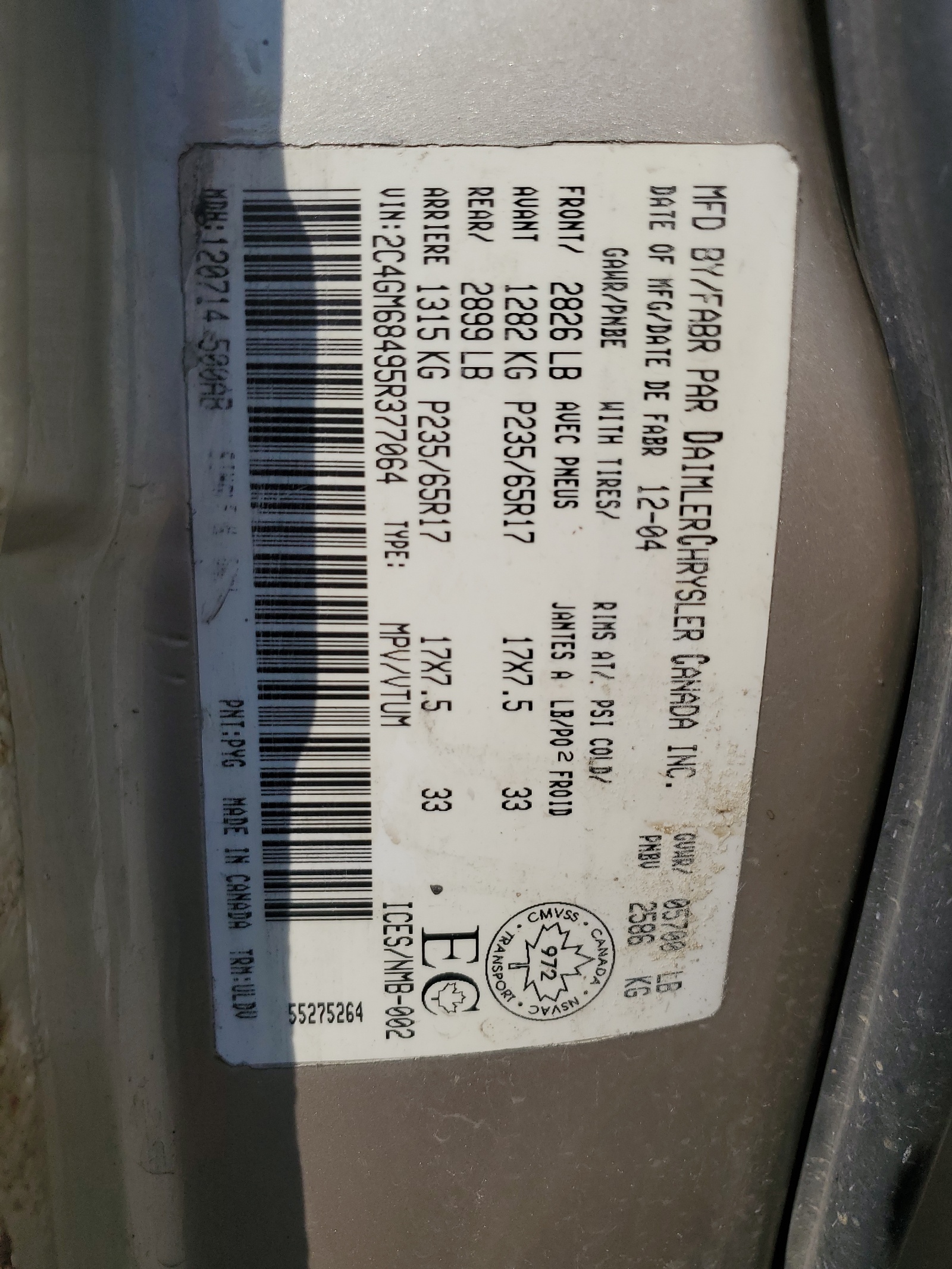 2C4GM68495R377064 2005 Chrysler Pacifica Touring