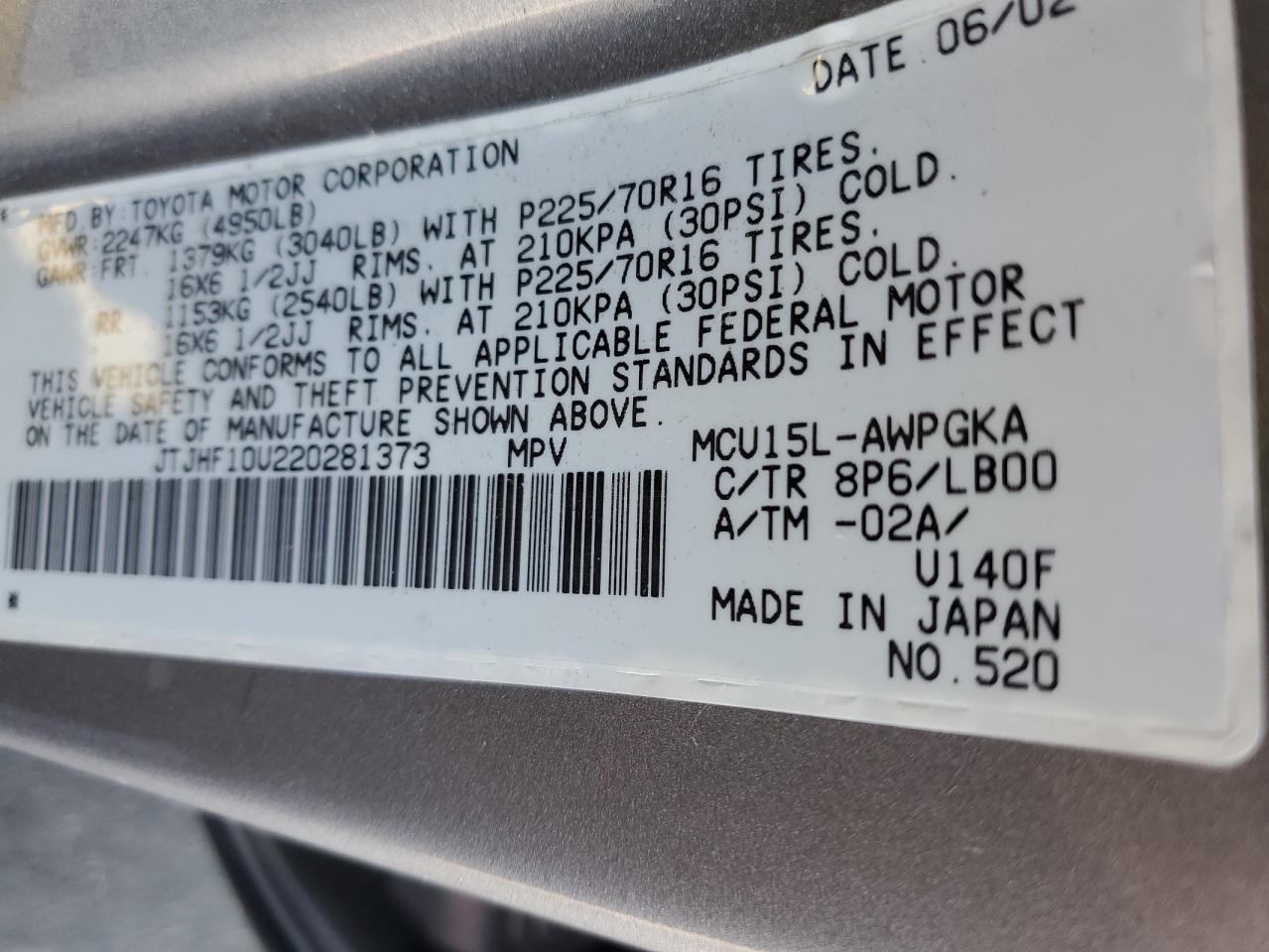 2002 Lexus Rx 300 VIN: JTJHF10U220281373 Lot: 66428824