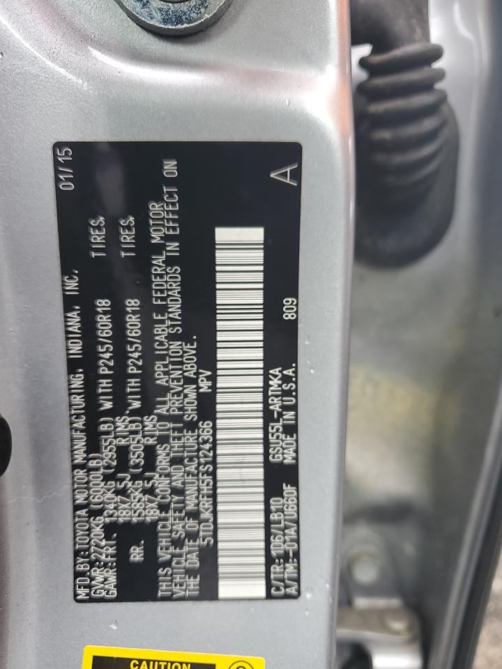 2015 Toyota Highlander Xle VIN: 5TDJKRFH5FS124366 Lot: 65949824