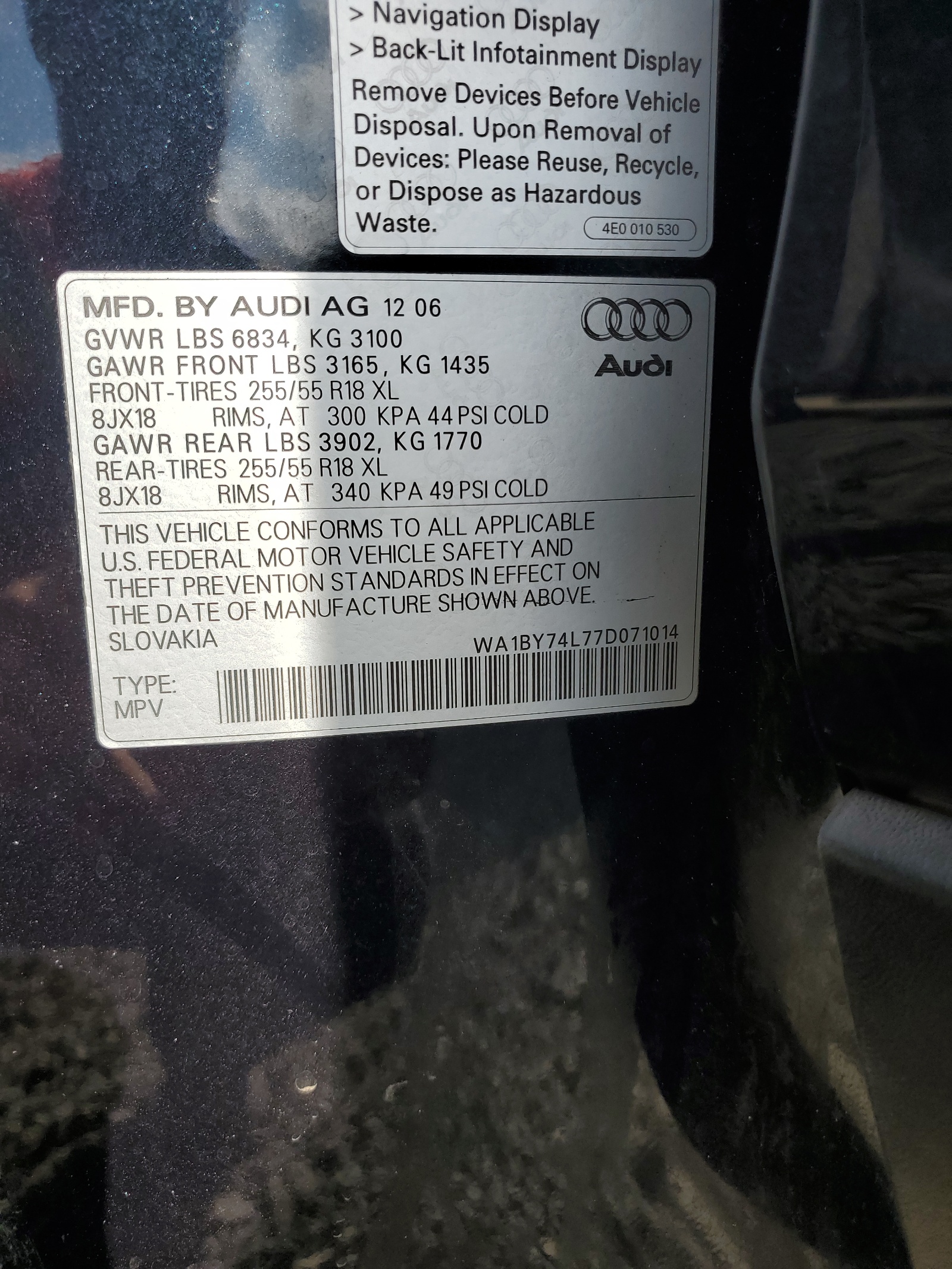 WA1BY74L77D071014 2007 Audi Q7 3.6 Quattro Premium