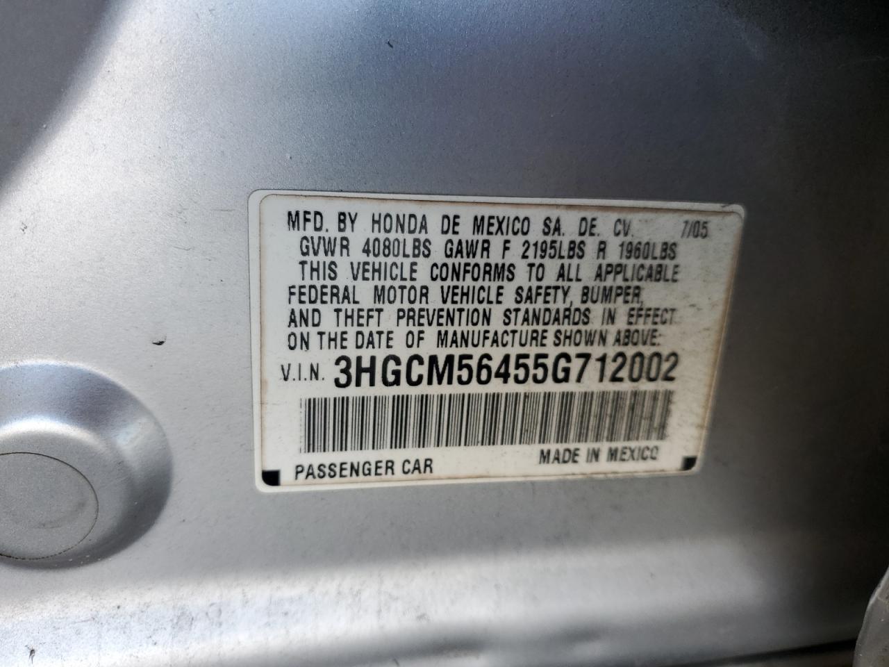2005 Honda Accord Lx VIN: 3HGCM56455G712002 Lot: 63097605