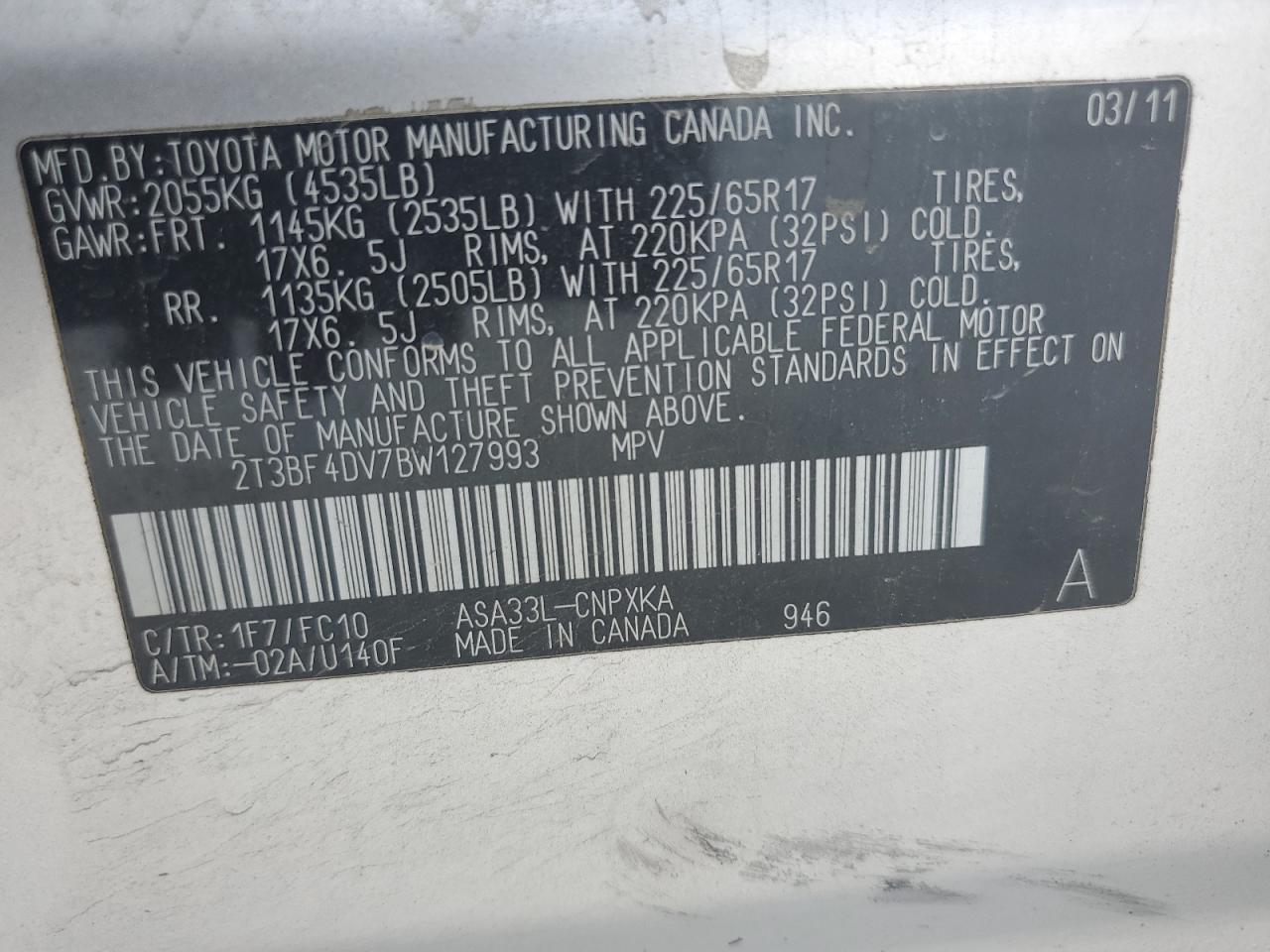 2011 Toyota Rav4 VIN: 2T3BF4DV7BW127993 Lot: 68922204