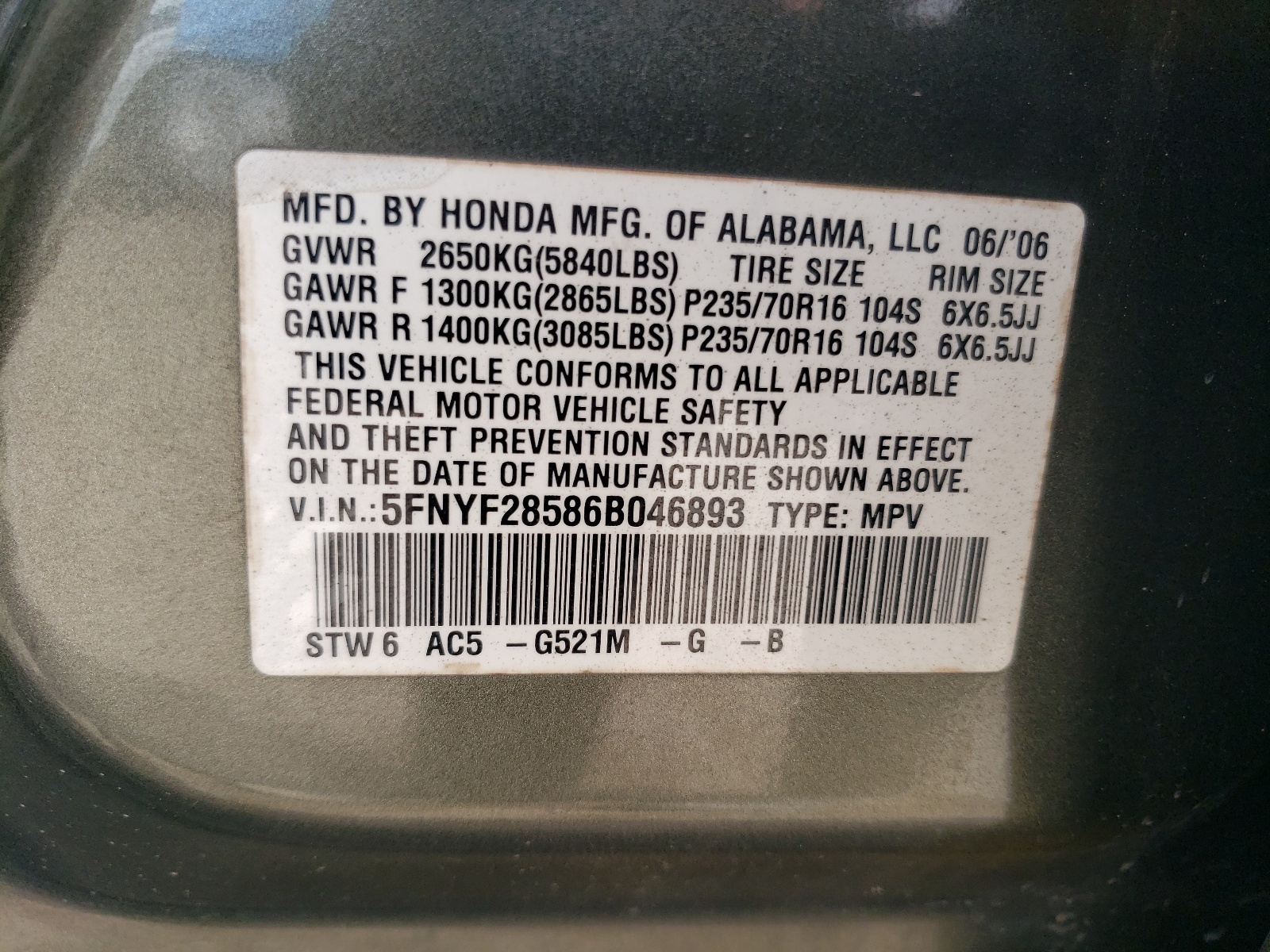 5FNYF28586B046893 2006 Honda Pilot Ex