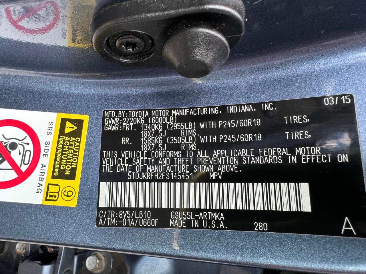 2015 Toyota Highlander Xle VIN: 5TDJKRFH2FS145451 Lot: 67403894