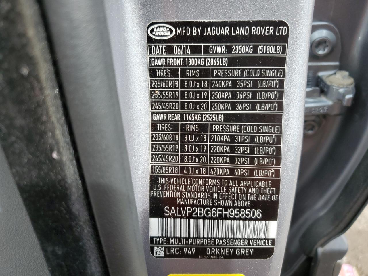 2015 Land Rover Range Rover Evoque Pure Plus VIN: SALVP2BG6FH958506 Lot: 67496014