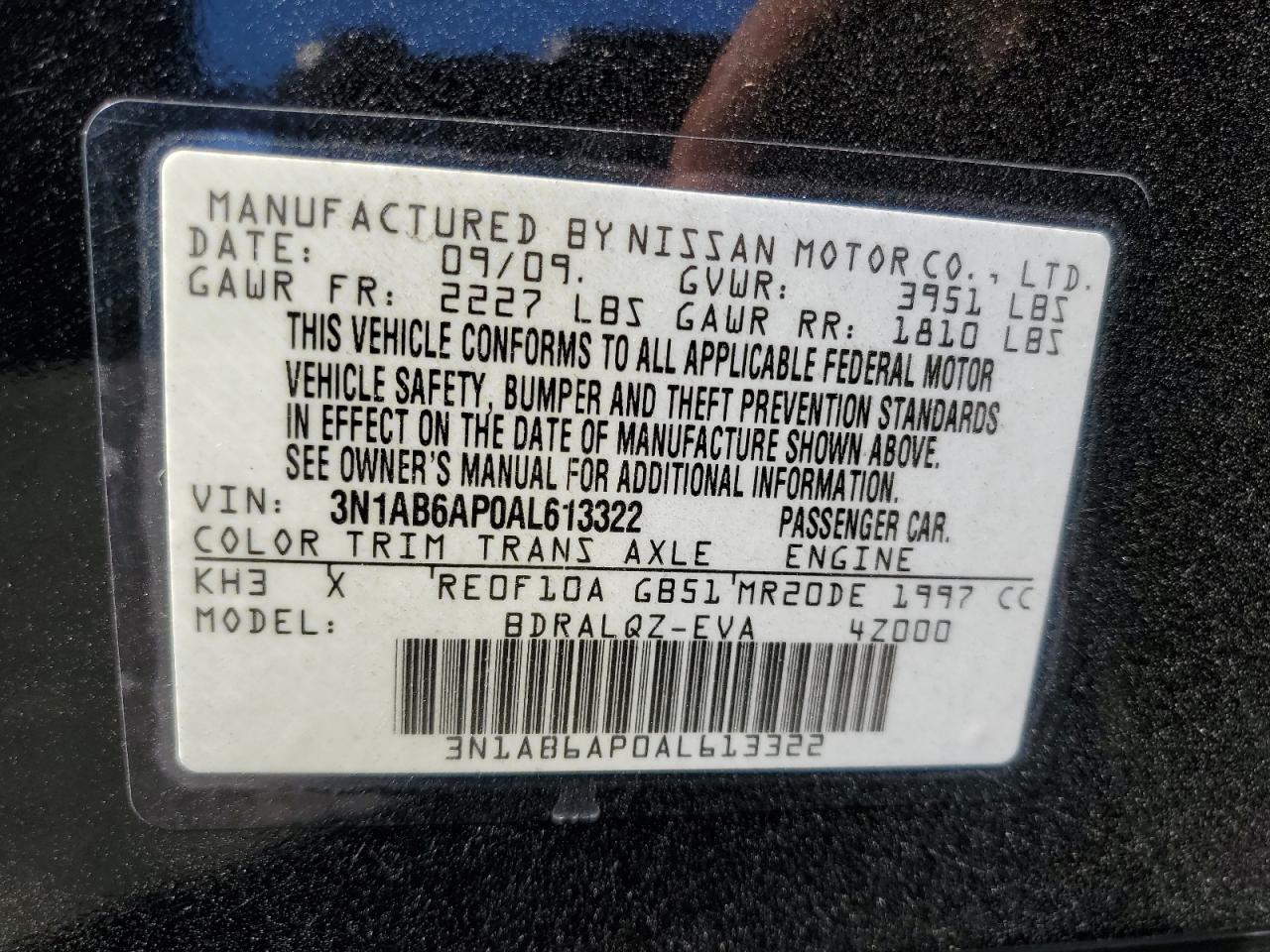 2010 Nissan Sentra 2.0 VIN: 3N1AB6AP0AL613322 Lot: 68566894