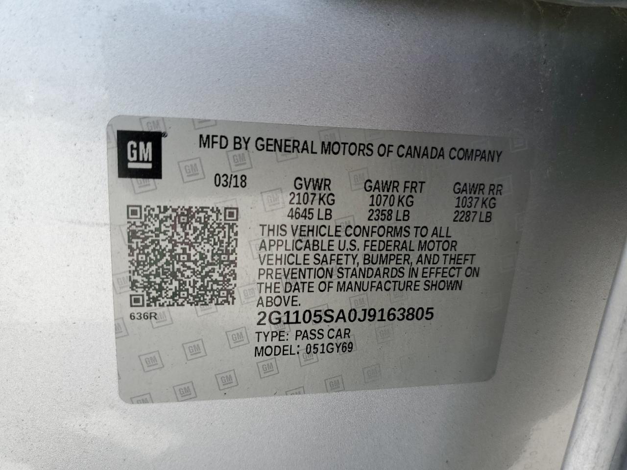 2G1105SA0J9163805 2018 Chevrolet Impala Lt