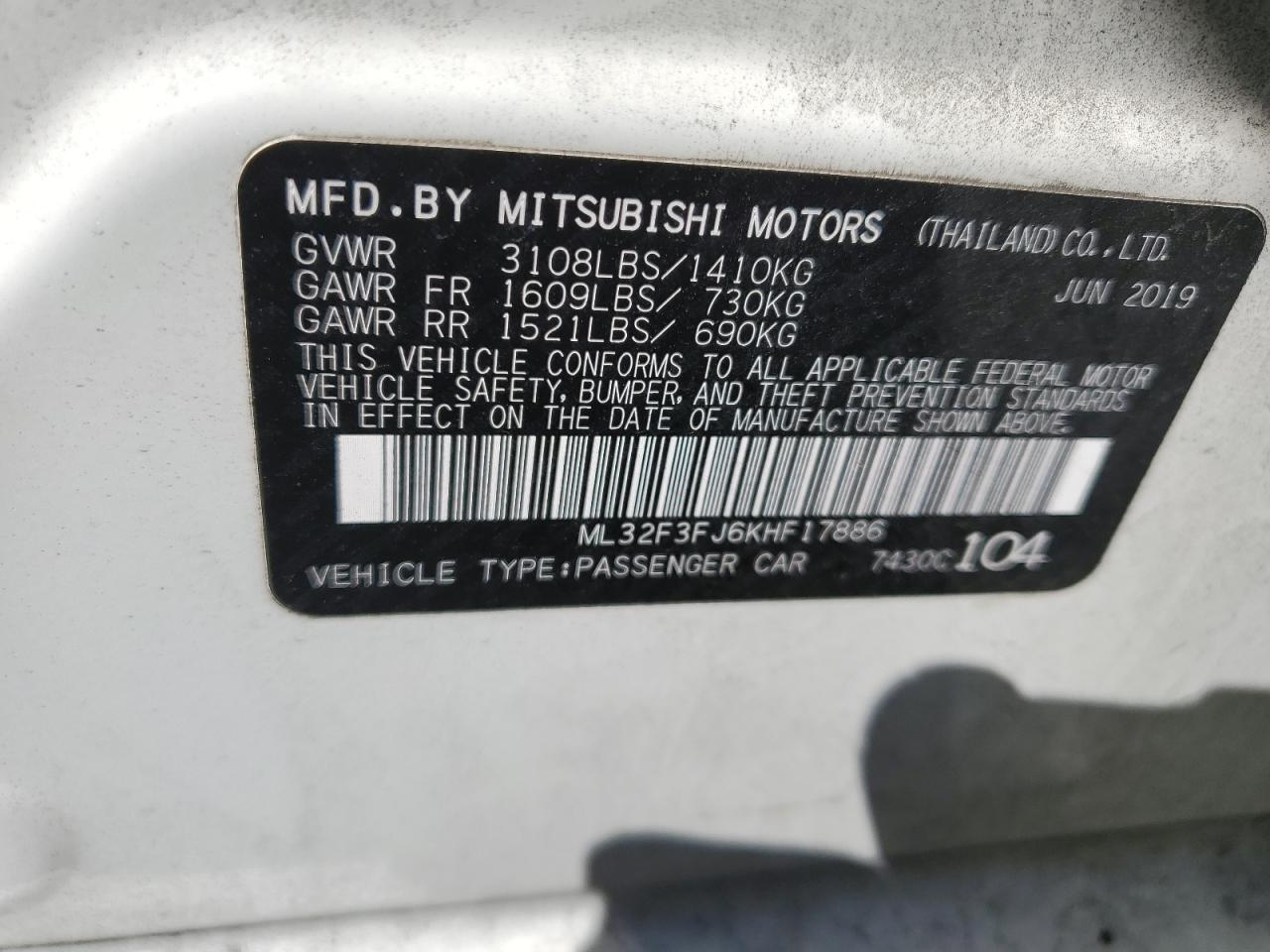 2019 Mitsubishi Mirage G4 Es VIN: ML32F3FJ6KHF17886 Lot: 68047274