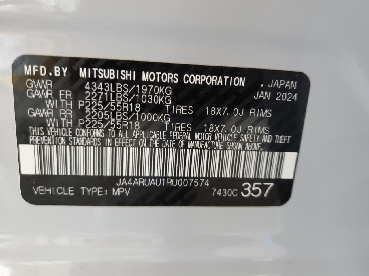 2024 Mitsubishi Outlander Sport S/Se VIN: JA4ARUAU1RU007574 Lot: 68368774