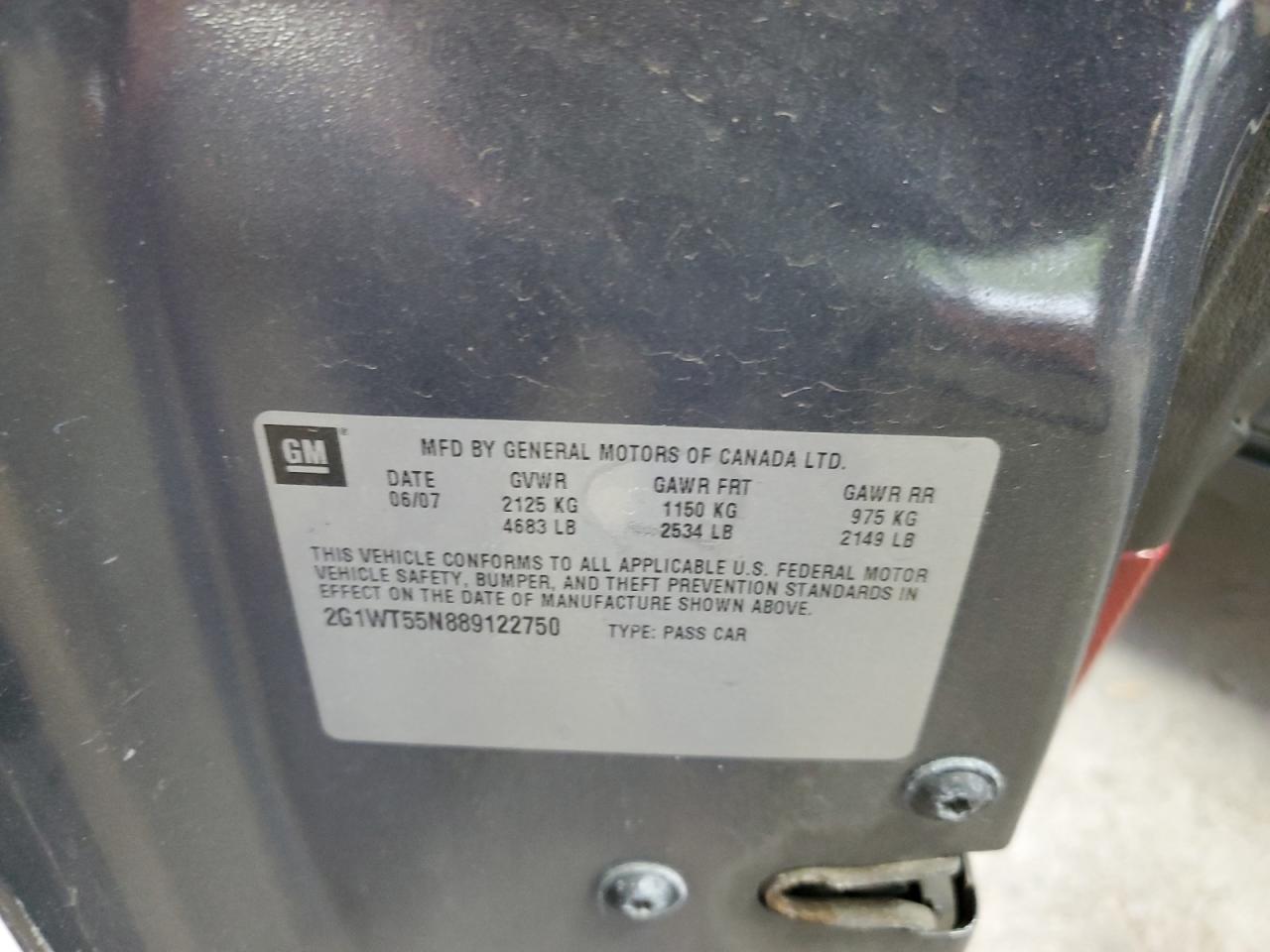 2008 Chevrolet Impala Lt VIN: 2G1WT55N889122750 Lot: 67894634