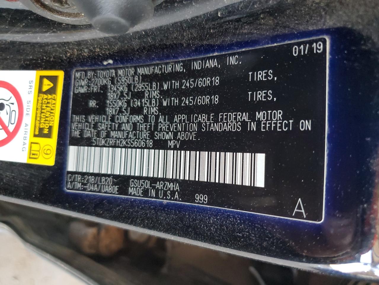 2019 Toyota Highlander Se VIN: 5TDKZRFH2KS560618 Lot: 67783234