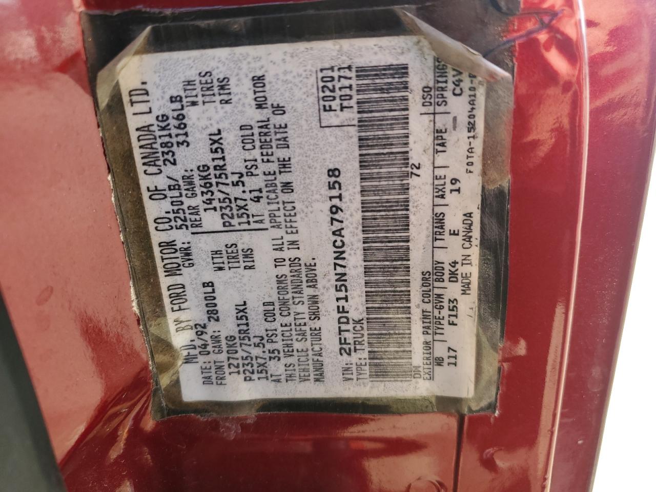 1992 Ford F150 VIN: 2FTDF15N7NCA79158 Lot: 64947234