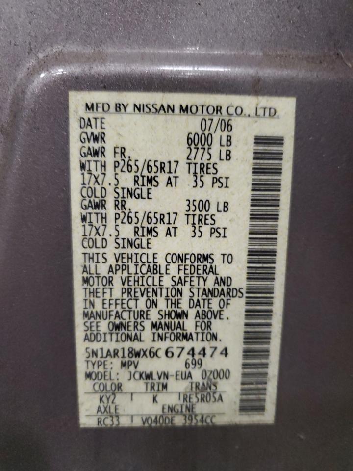 5N1AR18WX6C674474 2006 Nissan Pathfinder Le