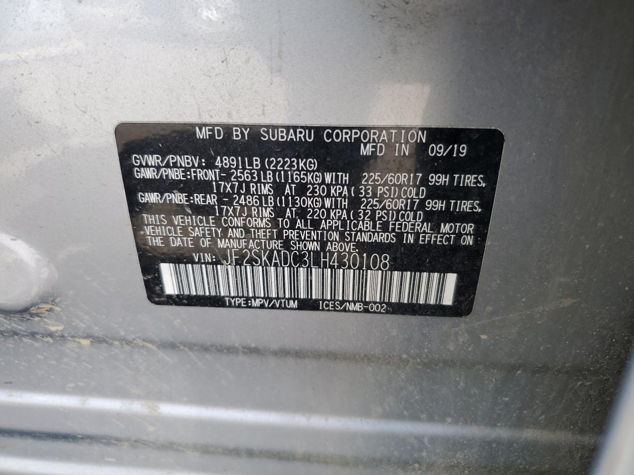 2020 Subaru Forester VIN: JF2SKADC3LH430108 Lot: 65891474