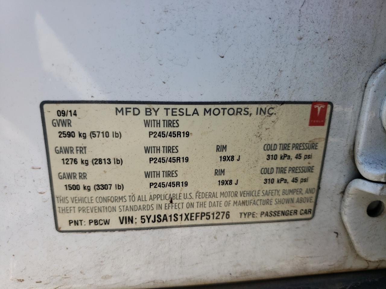 2014 Tesla Model S VIN: 5YJSA1S1XEFP51276 Lot: 66023844