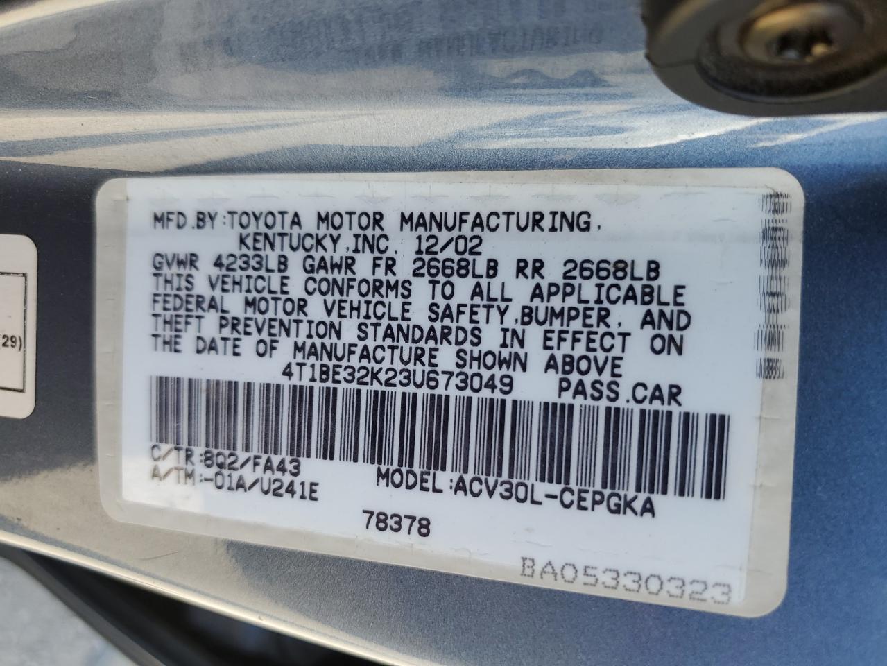 2003 Toyota Camry Le VIN: 4T1BE32K23U673049 Lot: 66630484