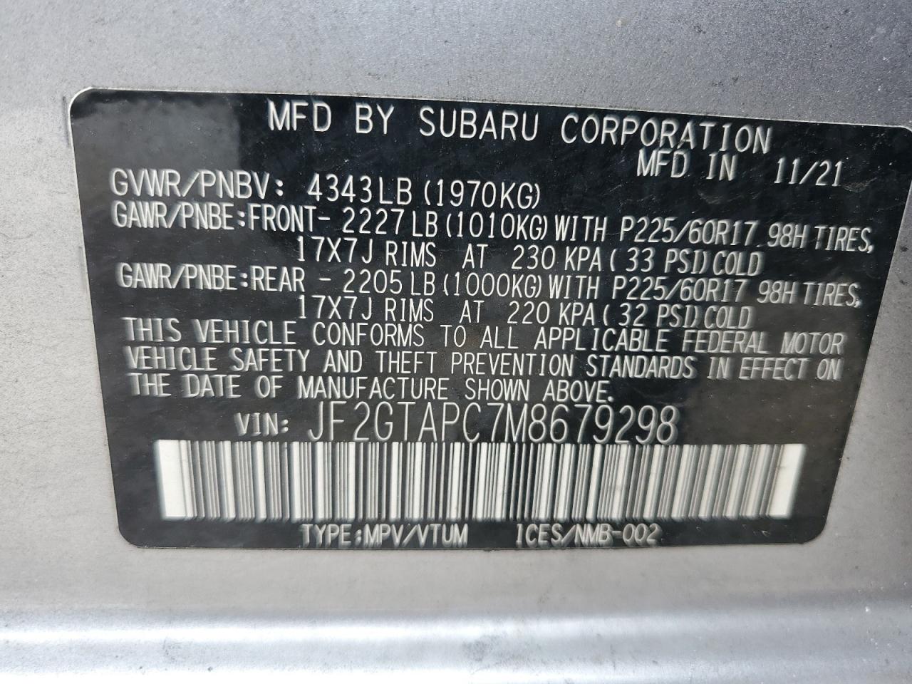 JF2GTAPC7M8679298 2021 Subaru Crosstrek Premium