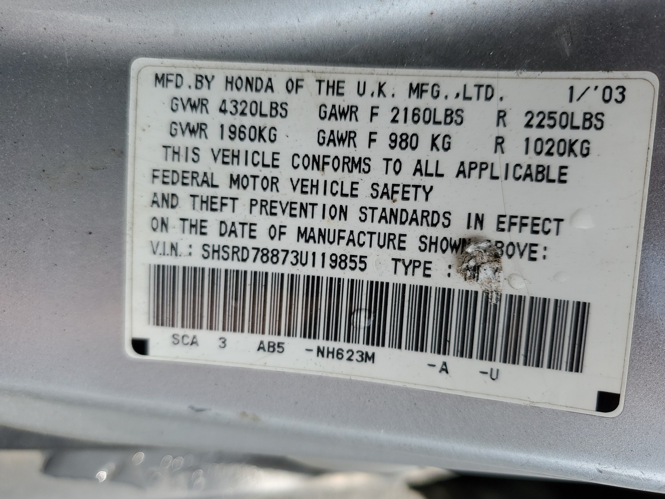 SHSRD78873U119855 2003 Honda Cr-V Ex