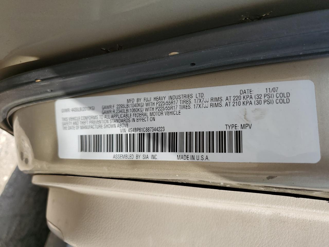 2008 Subaru Outback 2.5I VIN: 4S4BP61C887344223 Lot: 68178614