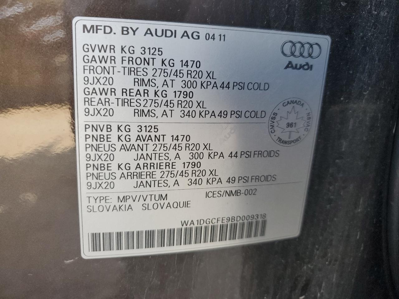 WA1DGCFE9BD009318 2011 Audi Q7 Prestige