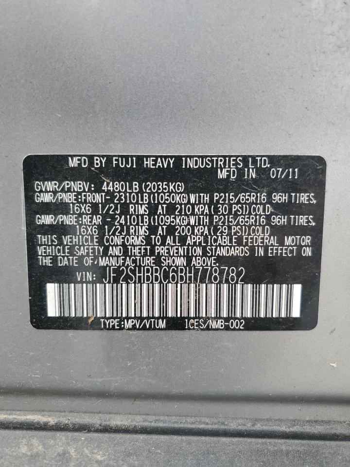 2011 Subaru Forester 2.5X VIN: JF2SHBBC6BH778782 Lot: 66498474
