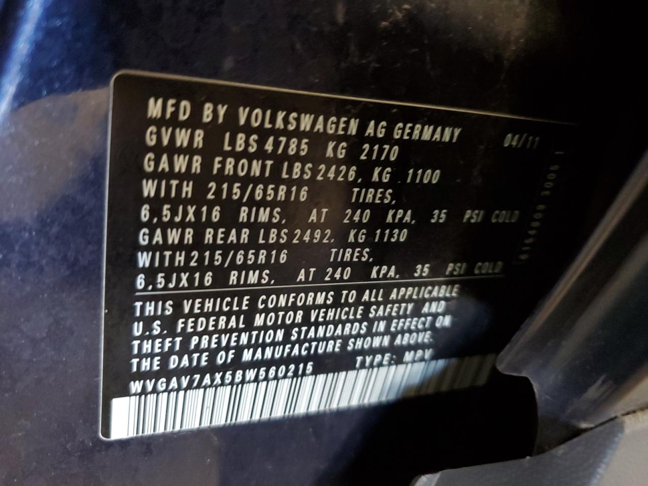 2011 Volkswagen Tiguan S VIN: WVGAV7AX5BW560215 Lot: 65938884