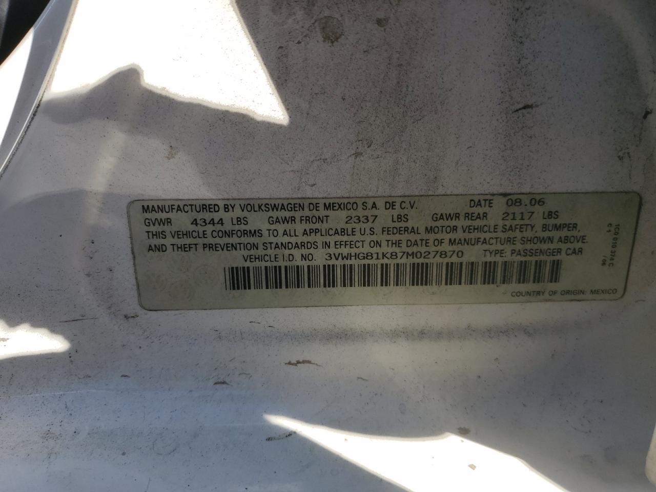2007 Volkswagen Jetta 2.5 VIN: 3VWHG81K87M027870 Lot: 66954044