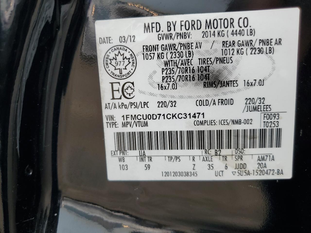 2012 Ford Escape Xlt VIN: 1FMCU0D71CKC31471 Lot: 67478654