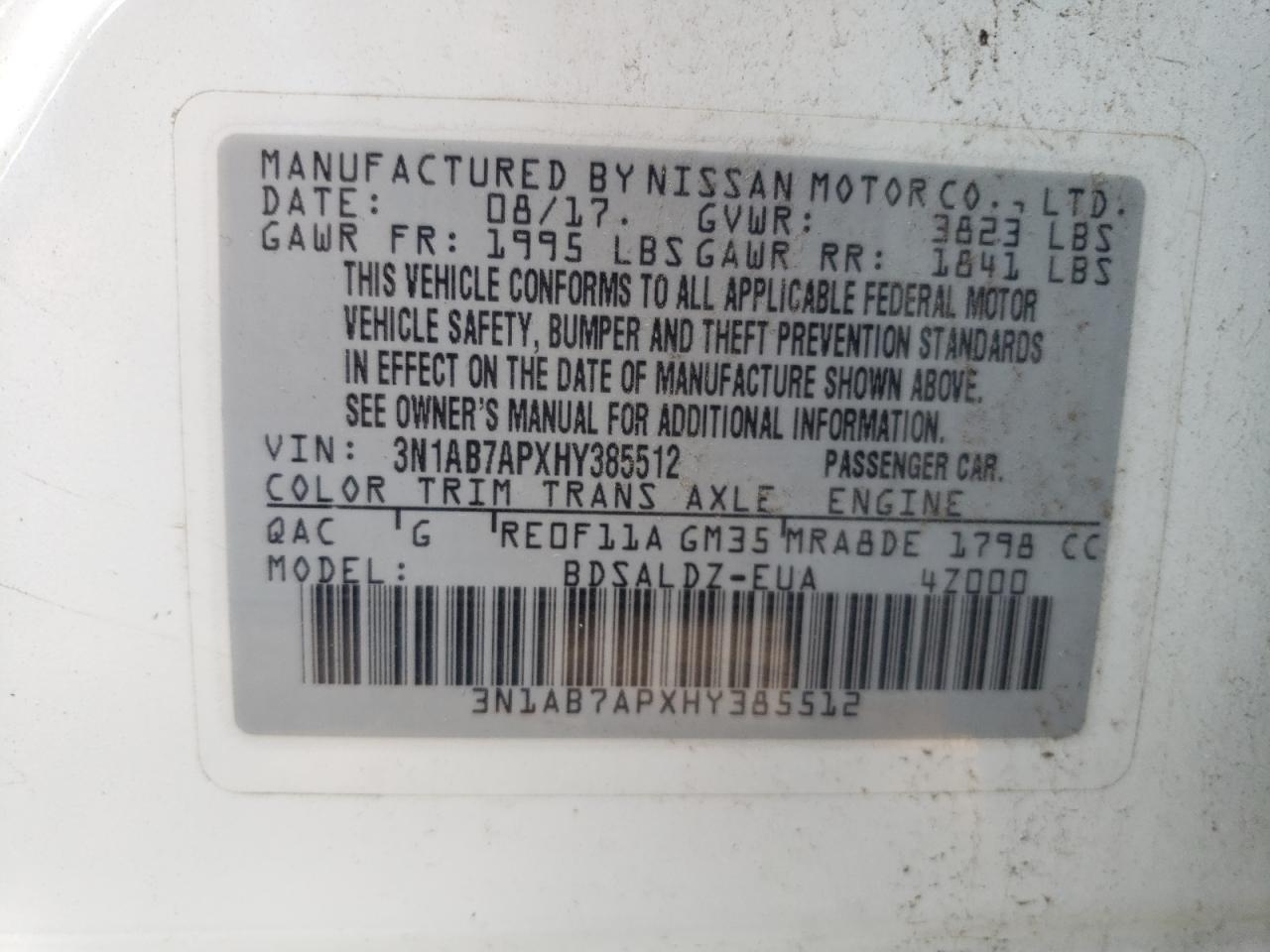 3N1AB7APXHY385512 2017 Nissan Sentra S