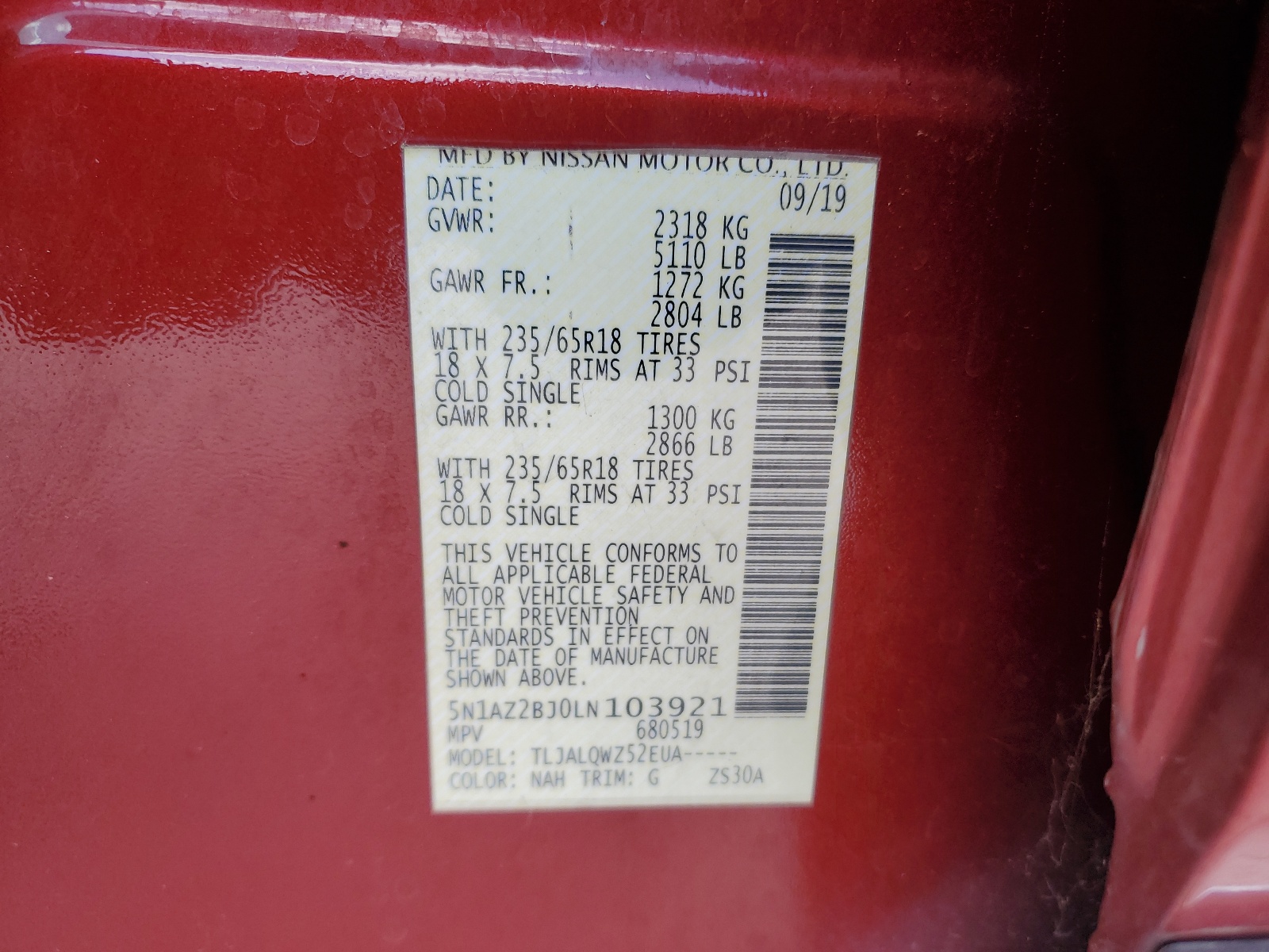 5N1AZ2BJ0LN103921 2020 Nissan Murano Sv