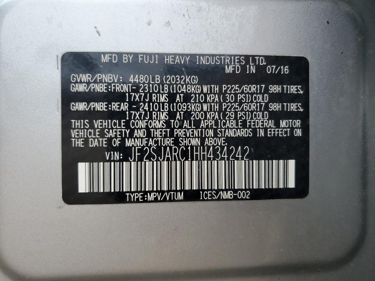 2017 Subaru Forester 2.5I Limited VIN: JF2SJARC1HH434242 Lot: 66861014